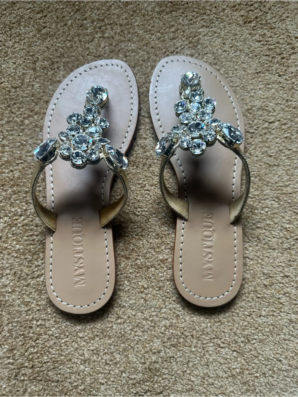 Mystique Boutique Nude Jeweled Thong Sandals